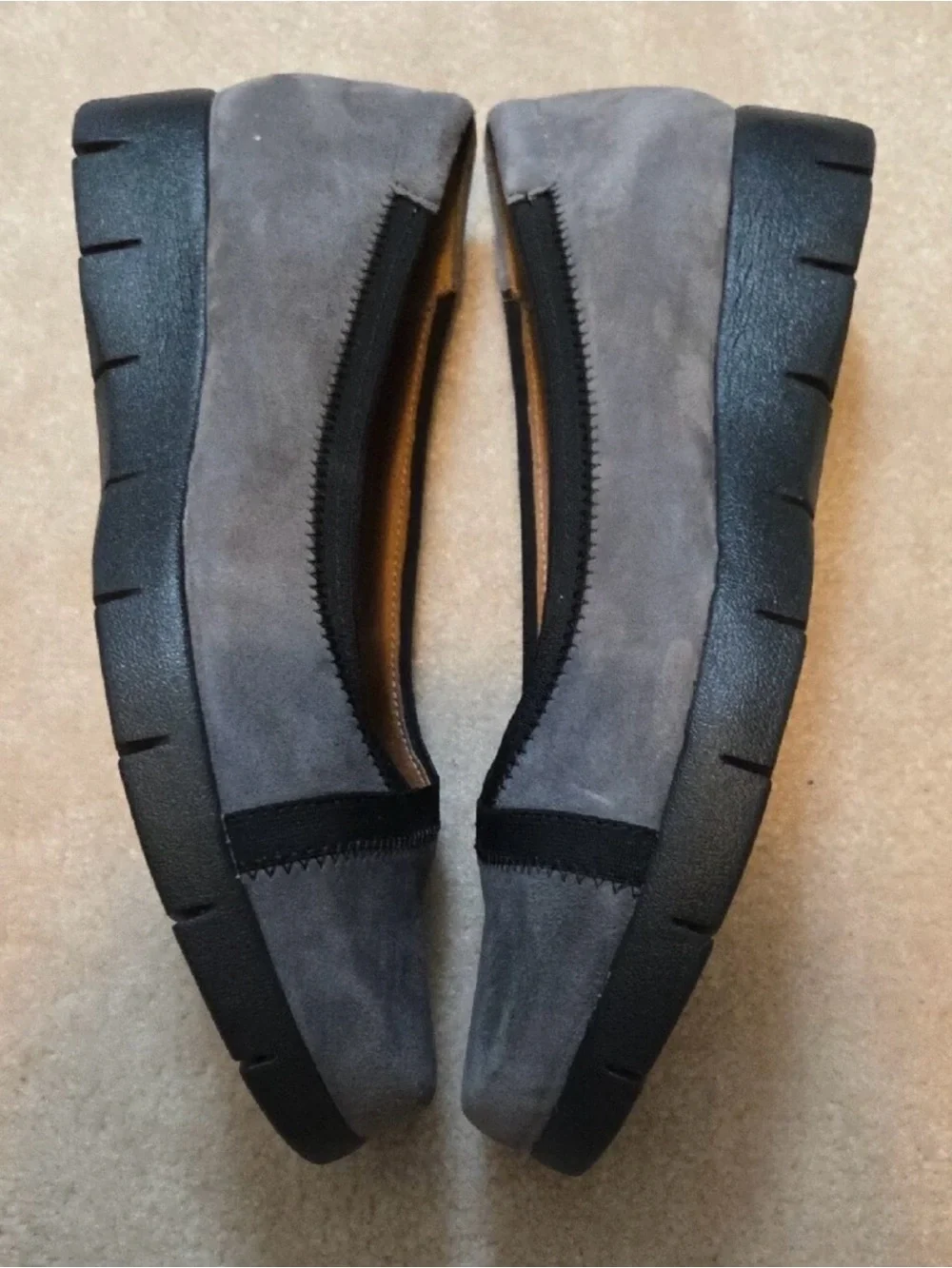 Clarks Gray Suede Slip-On Ballet Flats with Black Trim